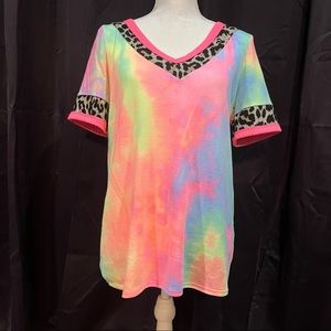 BiBi neon tie dye top leopard sleeves Sz M